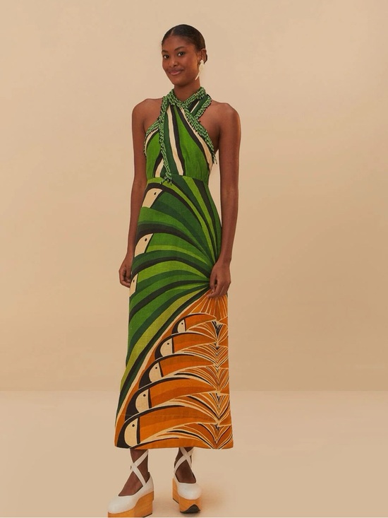 FARM Rio Dresses & Skirts - FARM Rio Toucan Tree Green & Orange Fan-Print Twist Halter Maxi Dress. Med. NWT